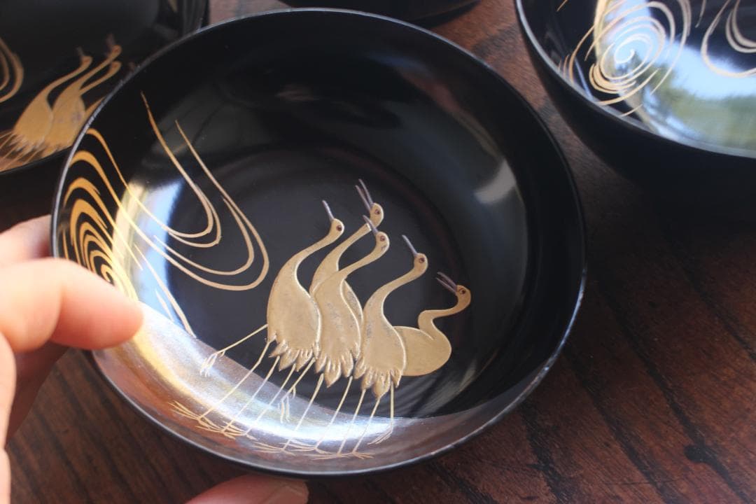 時代逸品！端正な黒漆に優美な光琳鶴蒔絵の映えるお椀2点（検輪島塗蒔絵椀