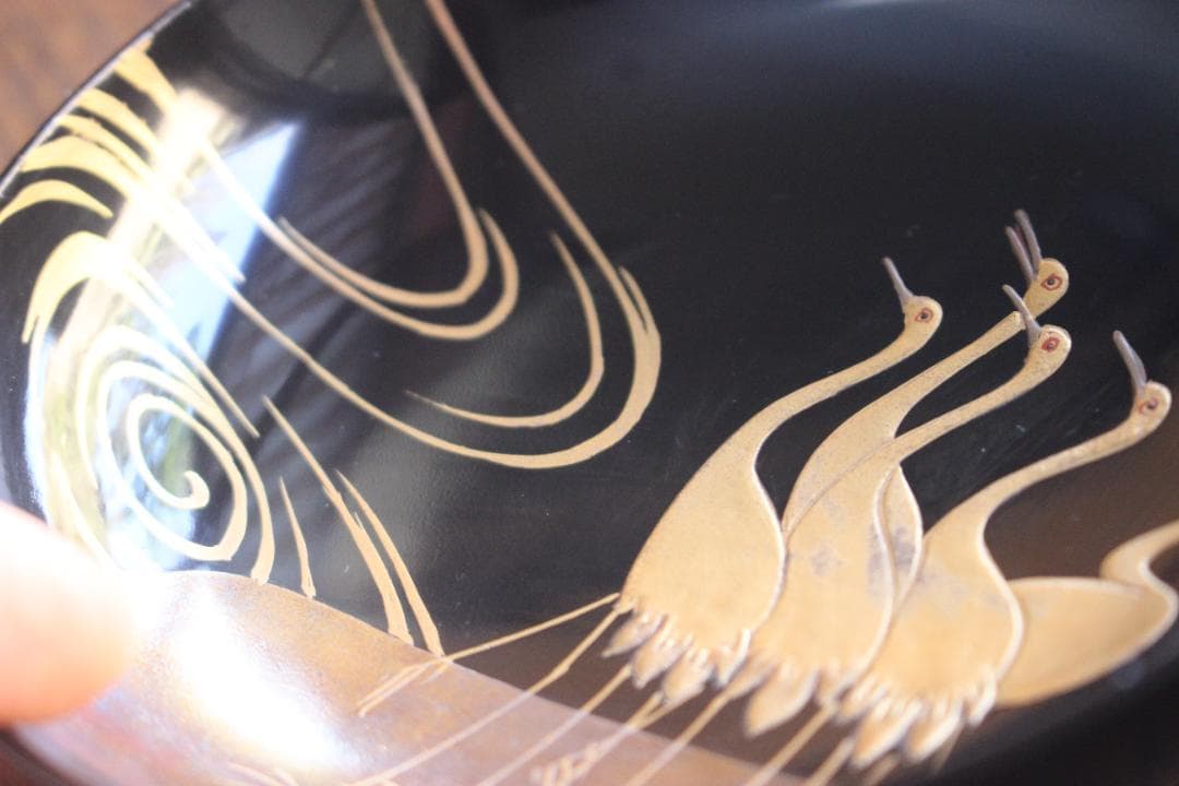 時代逸品！端正な黒漆に優美な光琳鶴蒔絵の映えるお椀2点（検輪島塗蒔絵椀