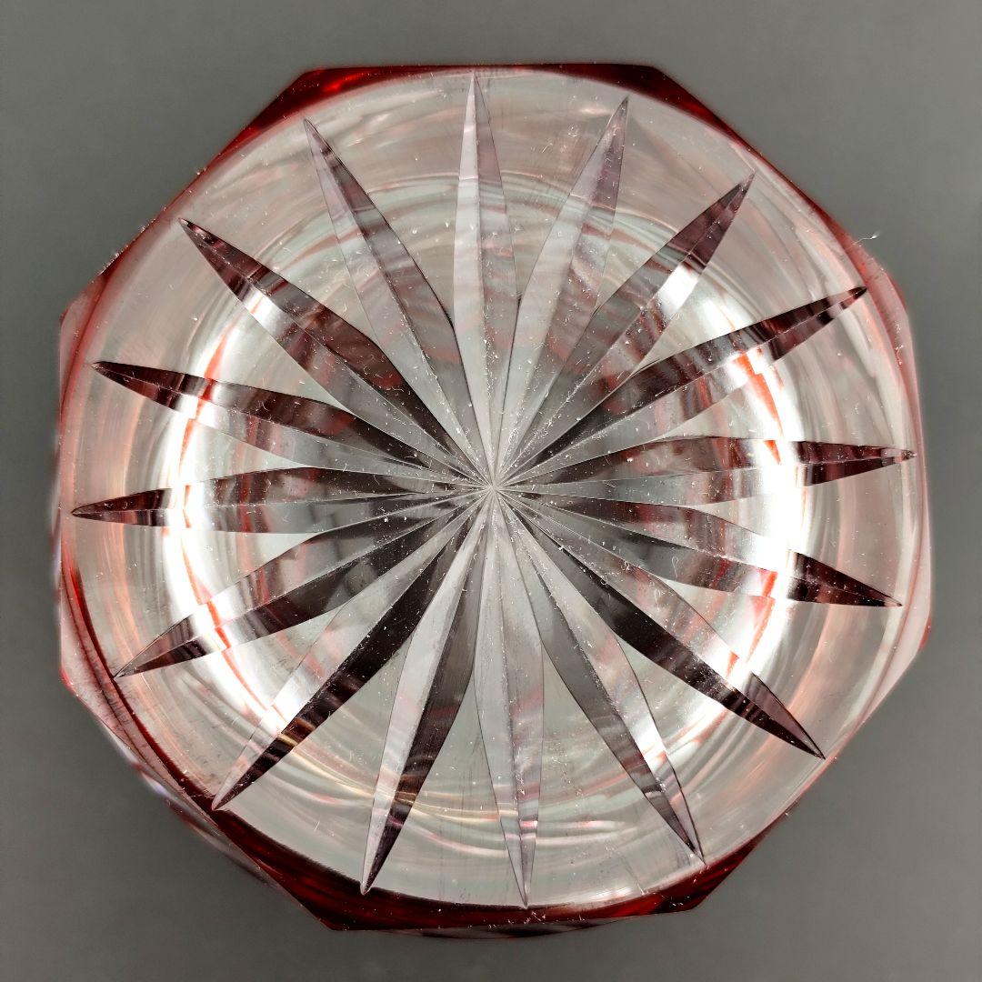 美品☆彩鳳 江戸切子 七宝花菱文様 天開オールド 赤（切子、江戸切子、薩摩切子）
