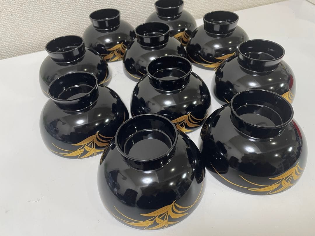 【現状品】漆器 黒塗 会津塗 金彩 花柄 割烹 吸物椀 蓋付き椀 10個セット