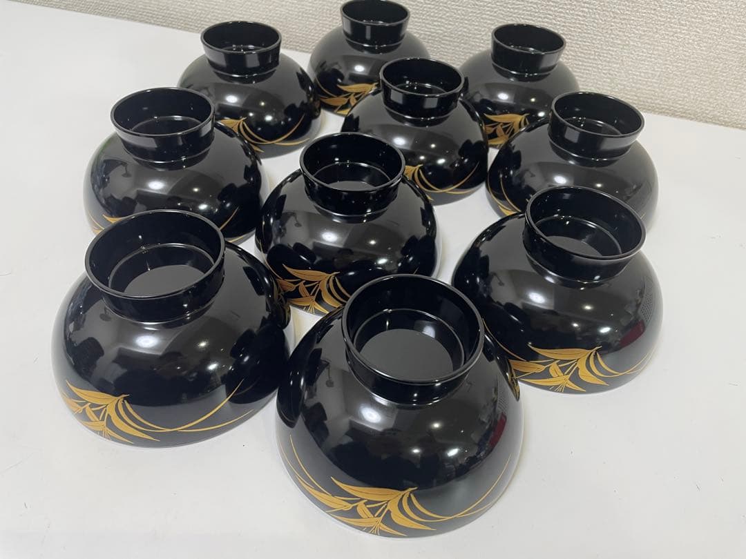 【現状品】漆器 黒塗 会津塗 金彩 花柄 割烹 吸物椀 蓋付き椀 10個セット