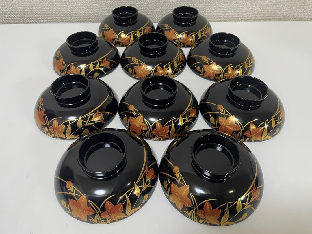 【現状品】漆器 黒塗 会津塗 金彩 花柄 割烹 吸物椀 蓋付き椀 10個セット