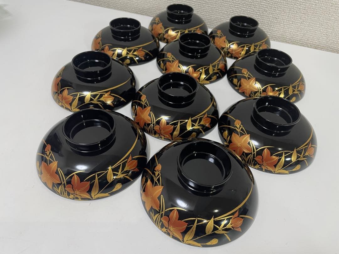 【現状品】漆器 黒塗 会津塗 金彩 花柄 割烹 吸物椀 蓋付き椀 10個セット