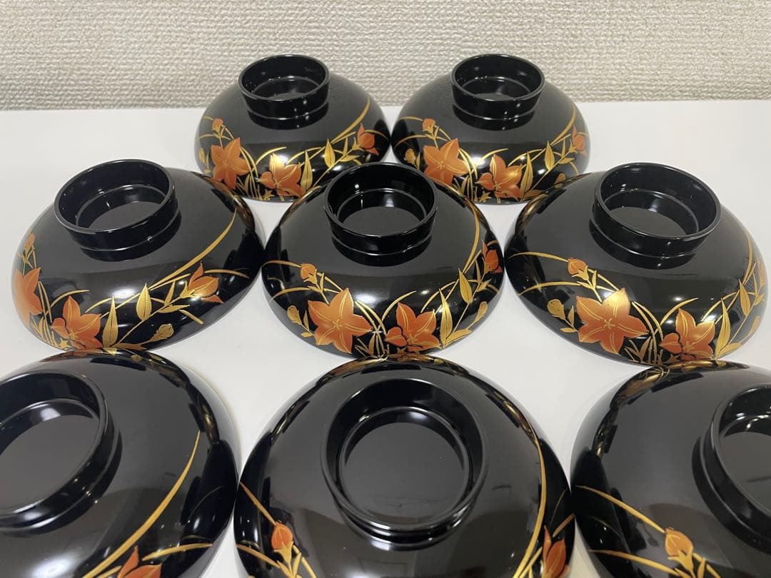 【現状品】漆器 黒塗 会津塗 金彩 花柄 割烹 吸物椀 蓋付き椀 10個セット