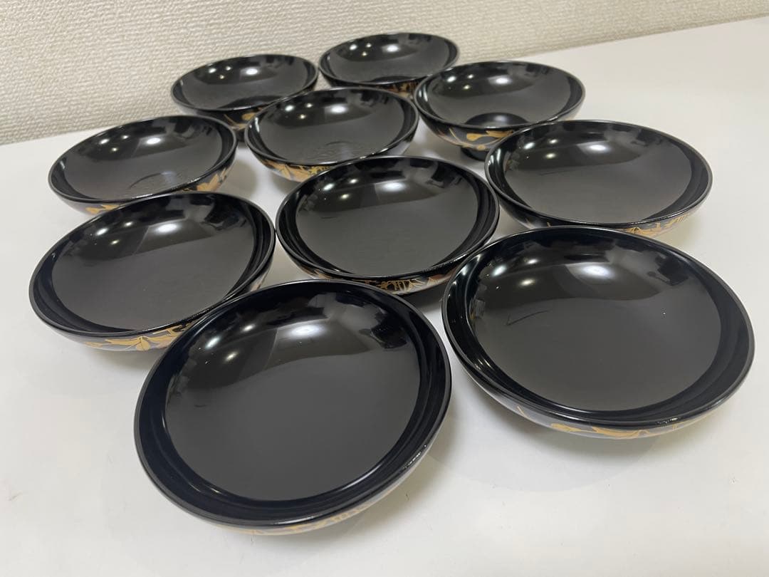 【現状品】漆器 黒塗 会津塗 金彩 花柄 割烹 吸物椀 蓋付き椀 10個セット