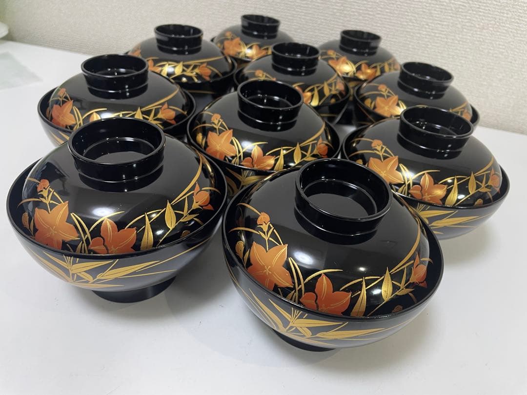 【現状品】漆器 黒塗 会津塗 金彩 花柄 割烹 吸物椀 蓋付き椀 10個セット