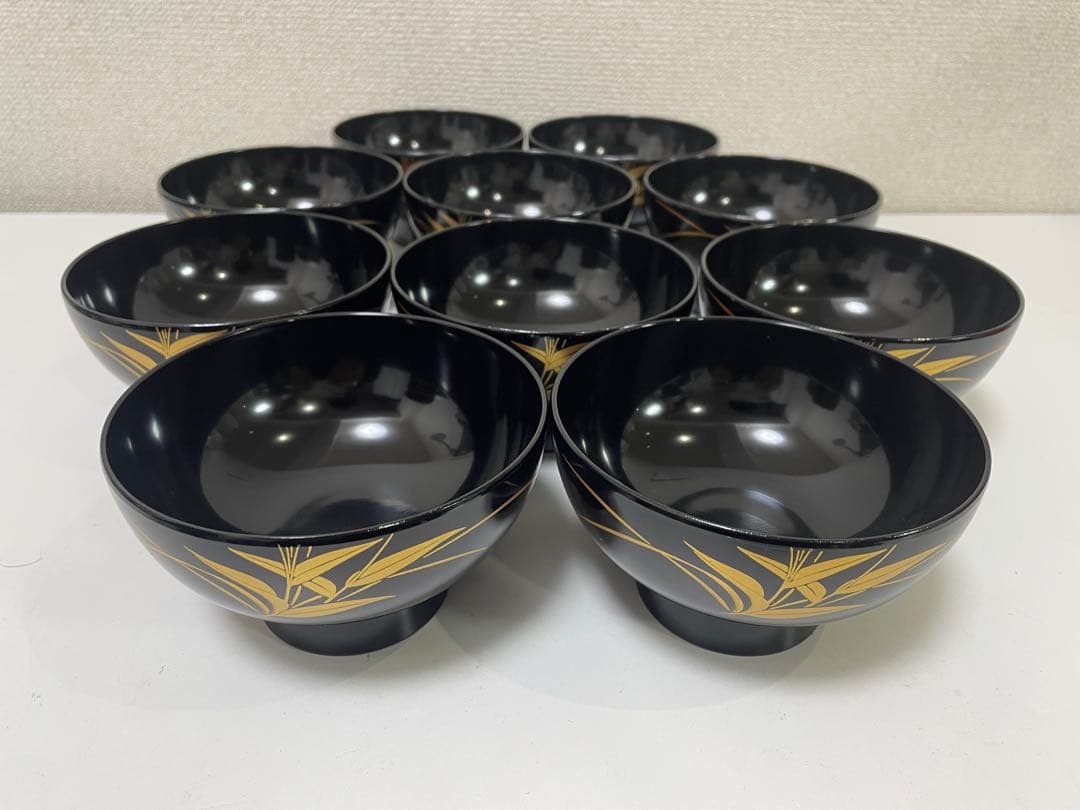 【現状品】漆器 黒塗 会津塗 金彩 花柄 割烹 吸物椀 蓋付き椀 10個セット