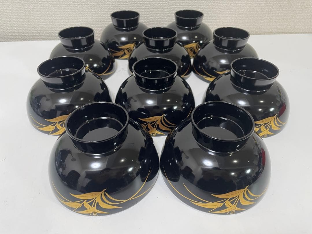 【現状品】漆器 黒塗 会津塗 金彩 花柄 割烹 吸物椀 蓋付き椀 10個セット
