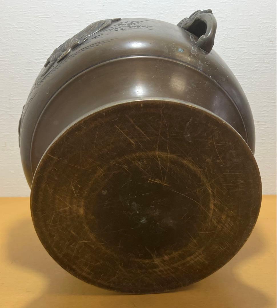 【名工】金屋五郎三郎 造 唐銅 龍虎浮彫 火鉢 瓶掛 骨董 古美術