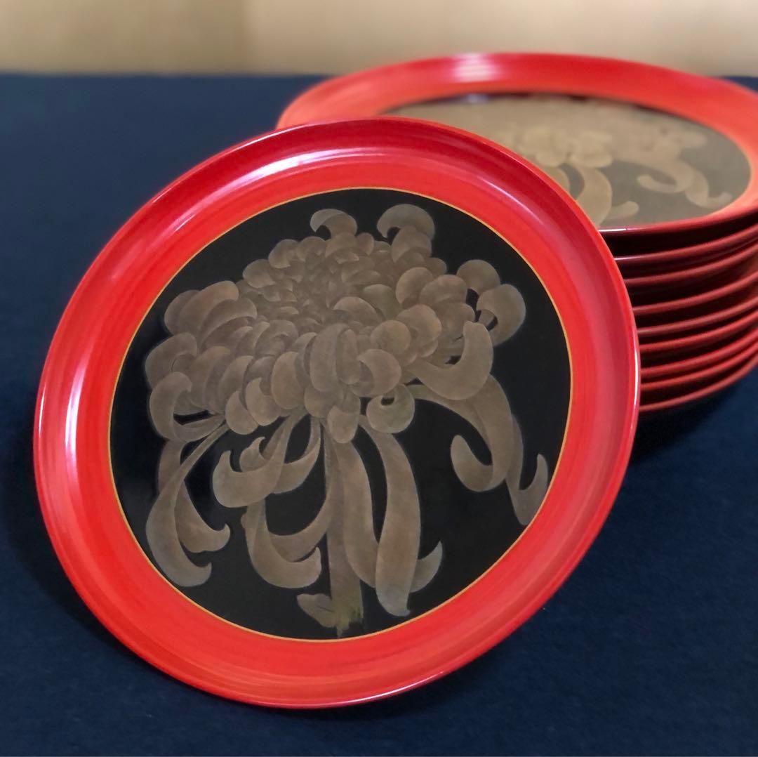 《R》菊花 菓子皿10客 横越自入 木製漆器 懐石 共箱 260306こ4