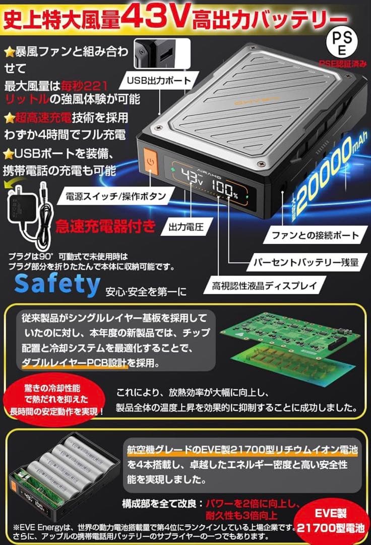 Xinpeke 空調作業服 43V超高電圧 ファン付きベスト 作業服 熱中症対策