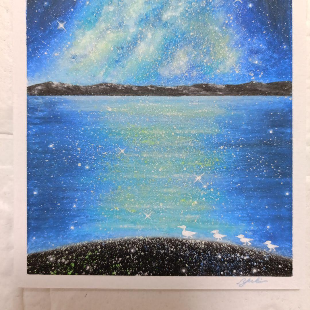 カルガモ親子と星空　風景画　オイルパステル画　原画 ハガキサイズ 絵画 #132
