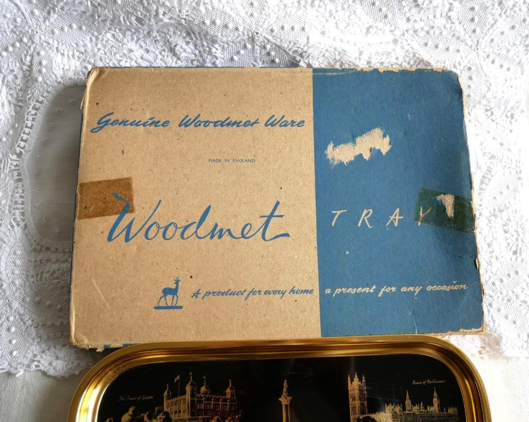 イギリス製【WOODMET】 ロンドンの名所の絵柄　ヴィンテージ 金属製トレイ