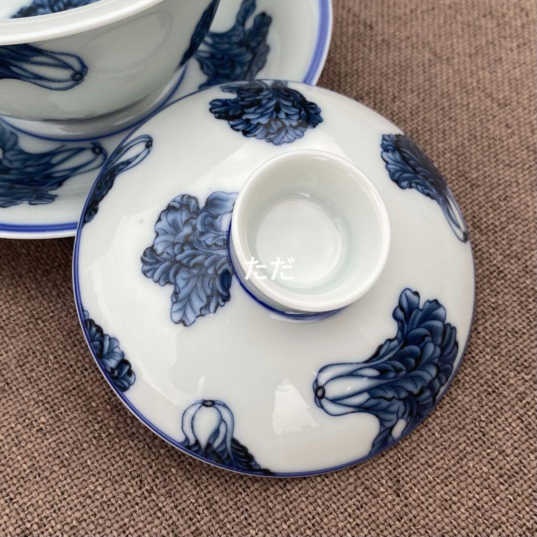青花百財三才蓋碗 中国茶器 景徳镇 蓋付き茶器 飲茶食器 煎茶具 未使用品