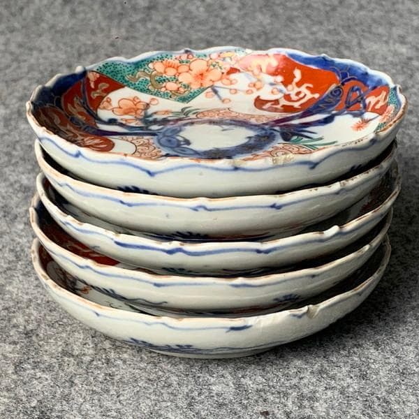 古伊万里冨貴長春金彩染錦輪花縁小皿5枚[B34328]