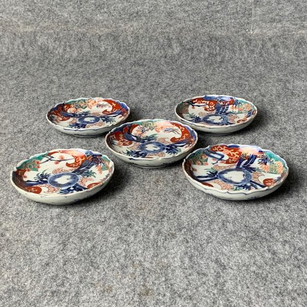 古伊万里冨貴長春金彩染錦輪花縁小皿5枚[B34328]
