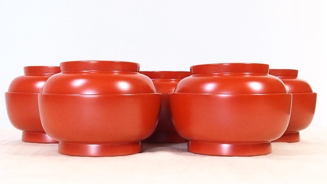 【未使用】秋田 川連漆器 総洗朱 柿型椀5客 佐藤豊八商店 菓子椀/雑煮椀/汁椀
