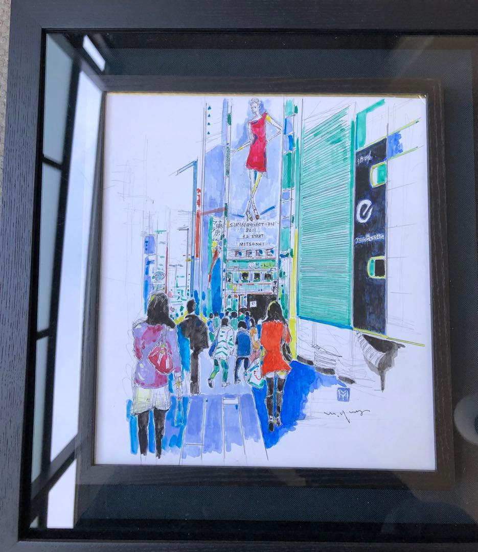 山崎幹雄　銀座4丁目　三越前　アート　作者サイン入り　色紙　透明水彩画