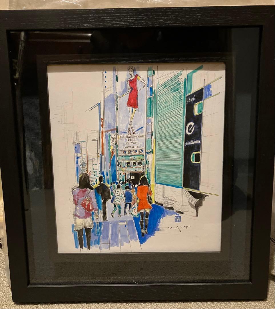 山崎幹雄　銀座4丁目　三越前　アート　作者サイン入り　色紙　透明水彩画
