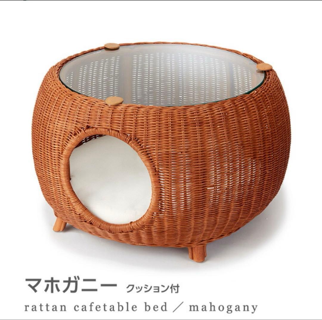 ラタンカフェテーブルベッド風猫用ベッド ガラス天板付き　ネコセカイ
