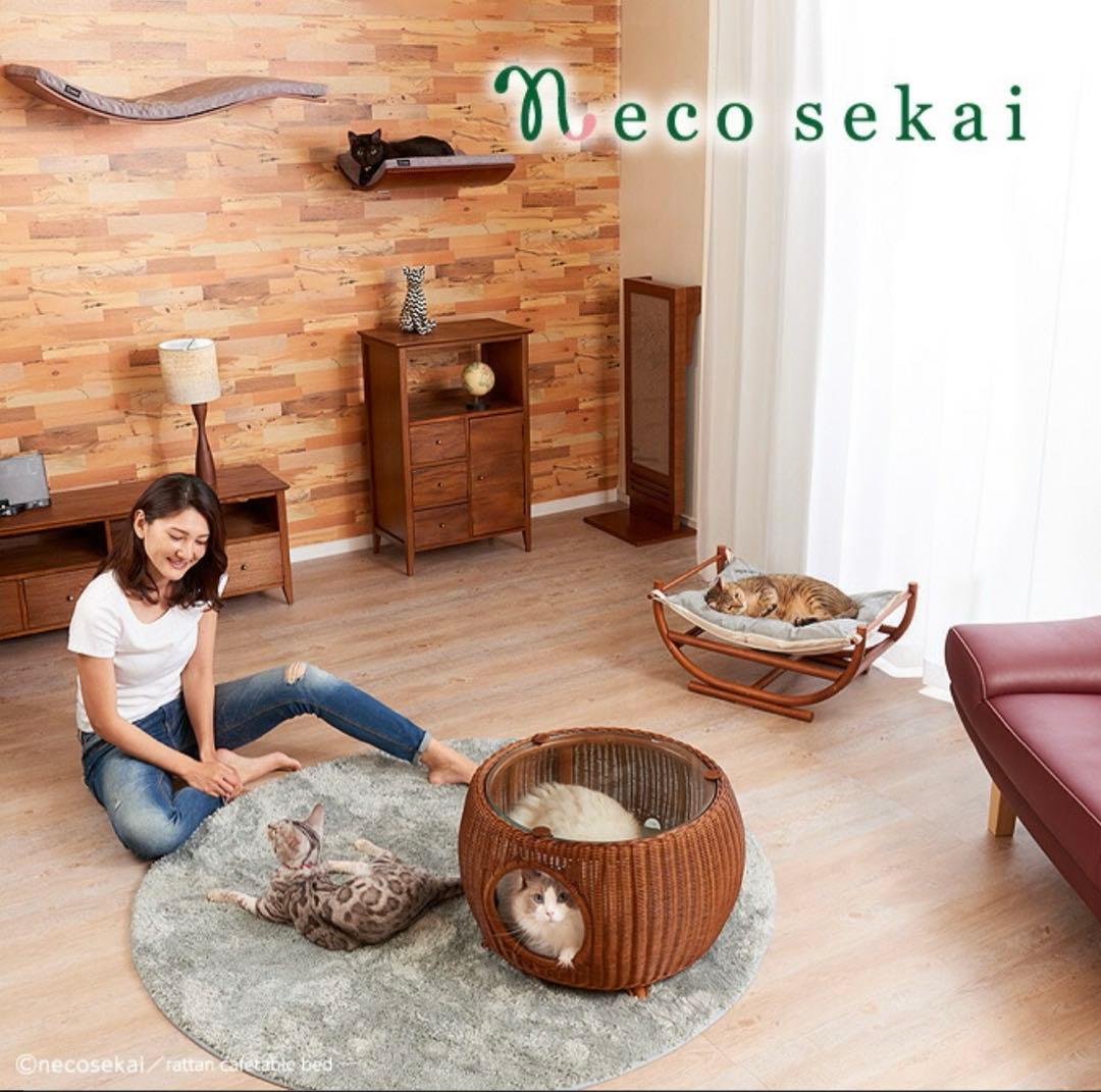 ラタンカフェテーブルベッド風猫用ベッド ガラス天板付き　ネコセカイ