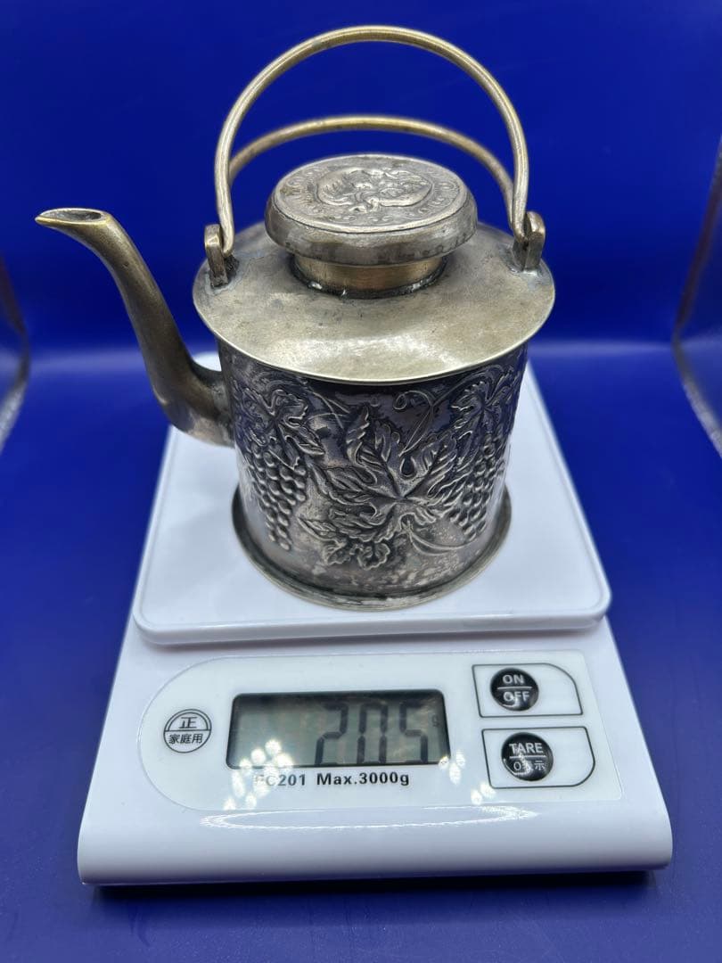 【希少・足銀刻印】純銀 中国古玩 葡萄文様 銀製酒器 ちろり 水注 約205g