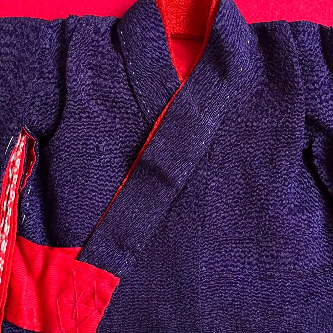 市松人形 12号(42cm)サイズの着物　比翼仕立て　濃紫　梅松菊　き