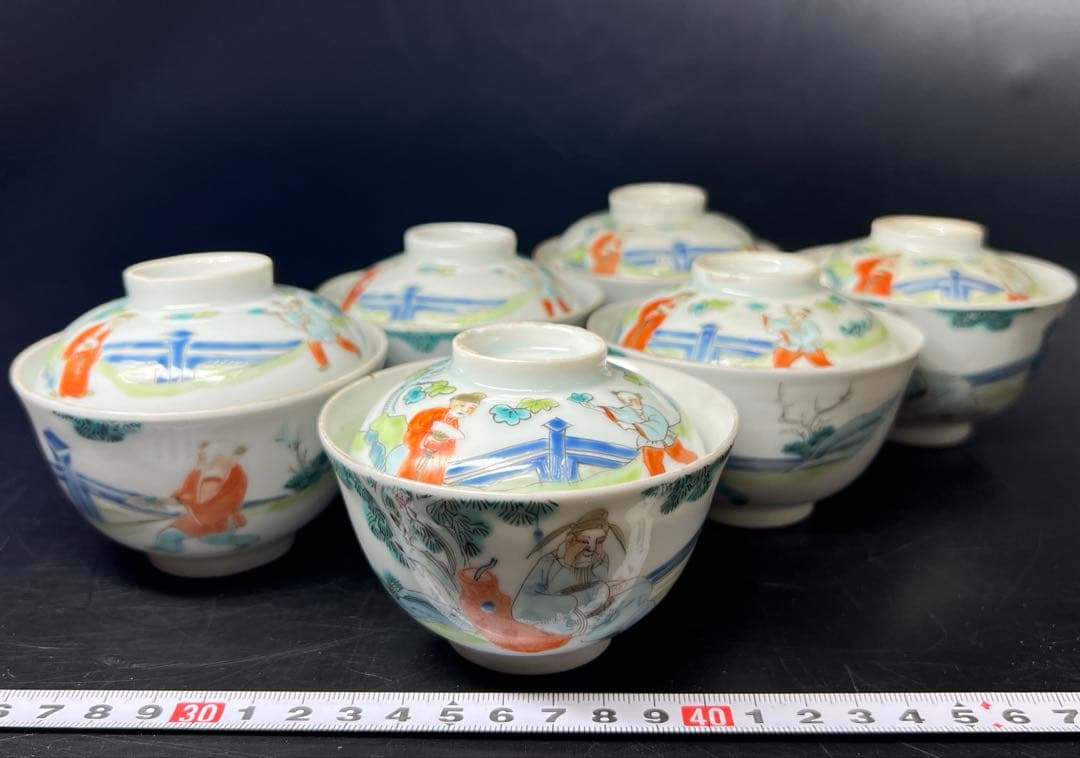 中国清時代　粉彩人物画蓋茶碗6客　木箱付　東Y8-0206☆2Fトコサ