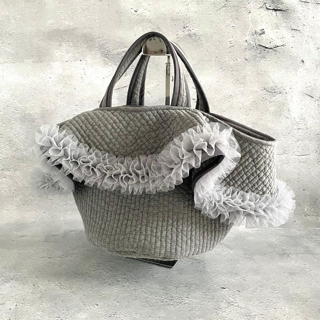 チュールフリル付き丸底マルシェバッグ　ヌビバッグ　グレー　ハンドメイド