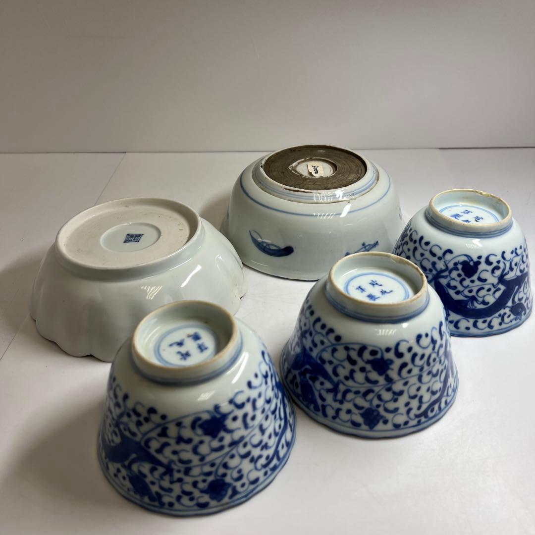 古伊万里　染付鉢色々5客　幅約11/15.5/16㎝　東Y8-0402①