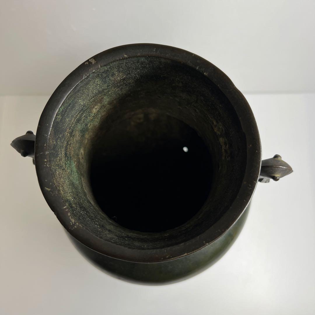 中国清時代　鳥耳付古銅花瓶　高さ約33.5㎝　3462g 東Y7-1106☆2F