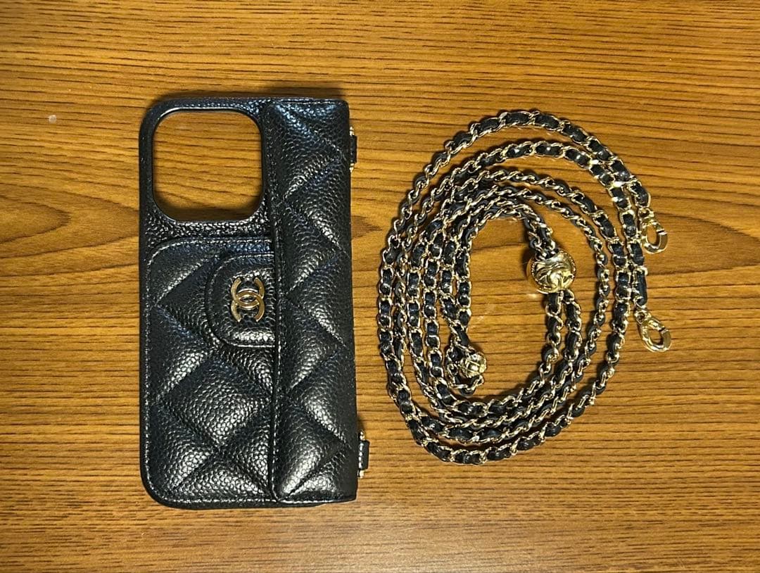 CHANEL iPhone14Pro用ケース ブラック キャビアスキン