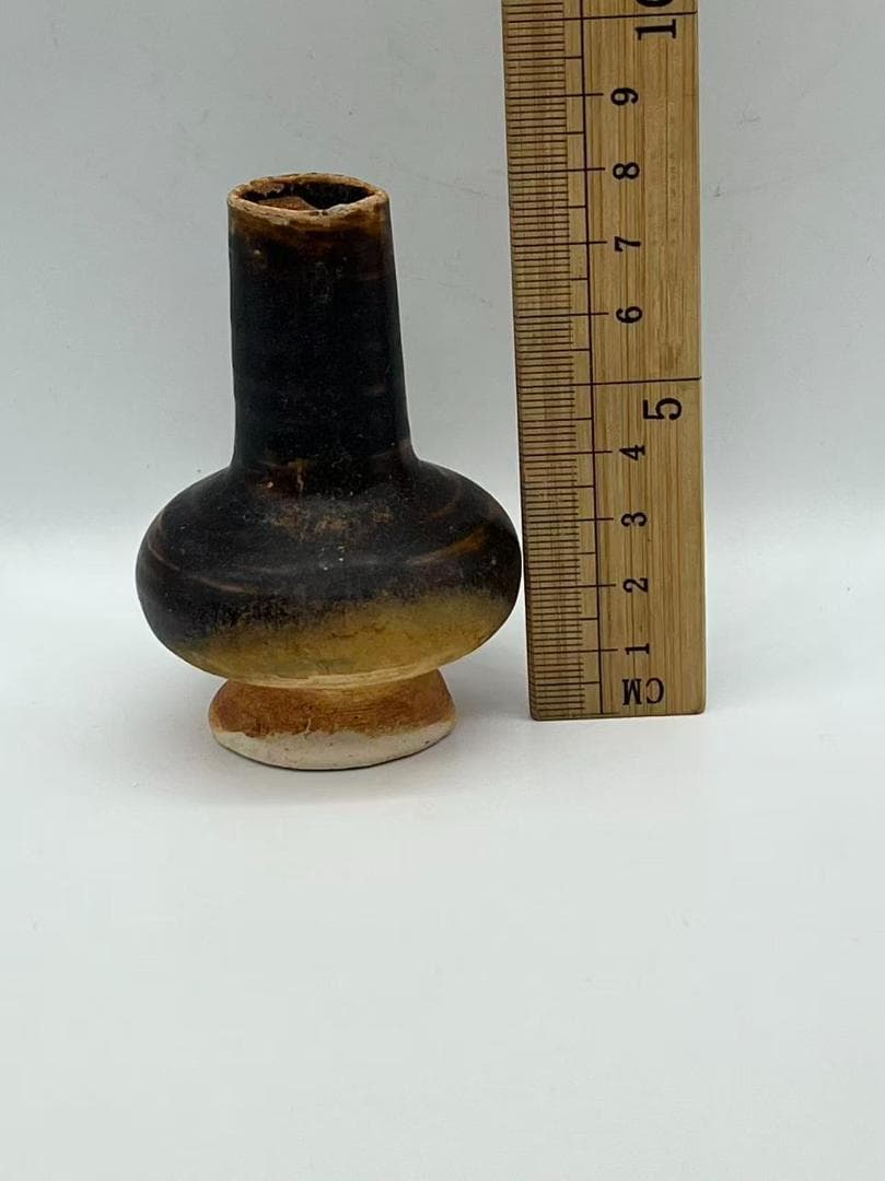 宋時代 吉州窯黒釉長頸瓶 褐釉直頸小壺 唐物　花瓶　茶道具　文房(F-154)
