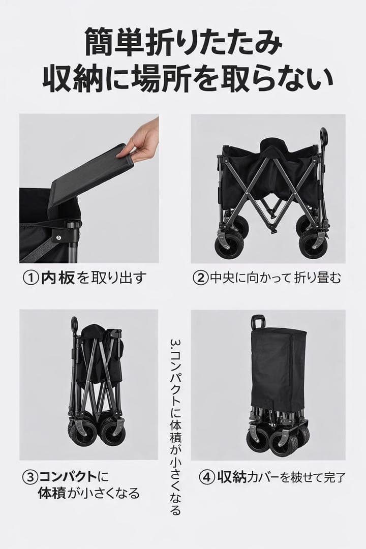 折りたたみキャリーワゴン容量220L 耐荷重150kgアウトドア台車コンパク収納