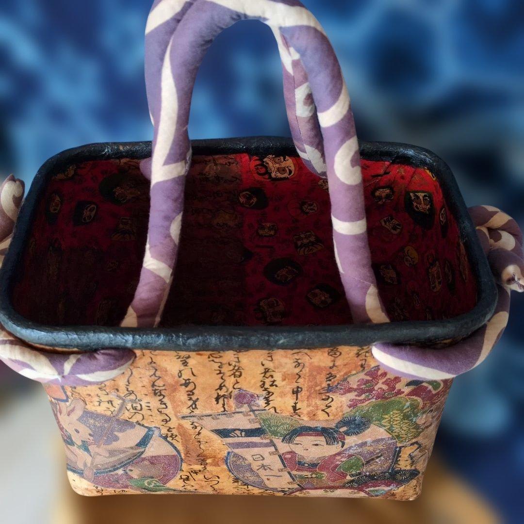 一閑張り かごバッグ 古布 ハンドメイド