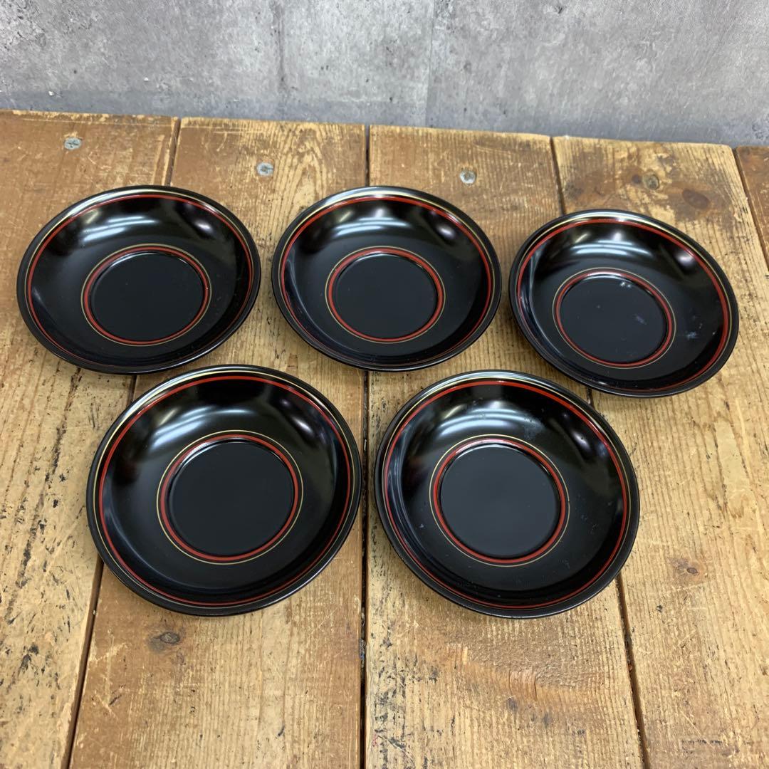 D-5 【5枚セット】漆器 茶托 黒塗り 朱線 2本ライン 伝統工芸 おもてなし