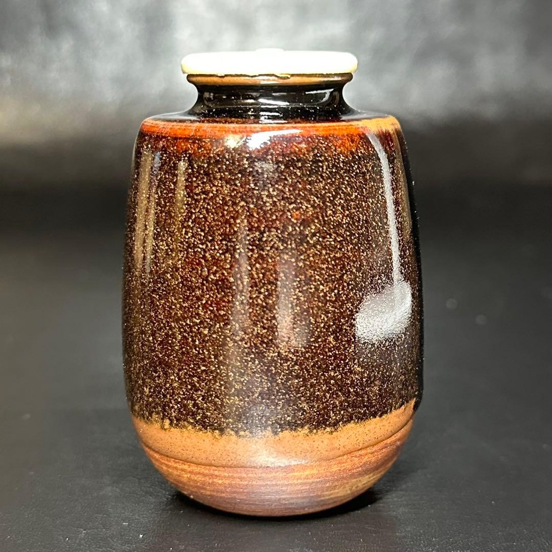 茶道具！古瀬戸 肩衝 茶入！市松模様宝尽間道！『加藤 唐三郎』造！共箱/仕覆付！