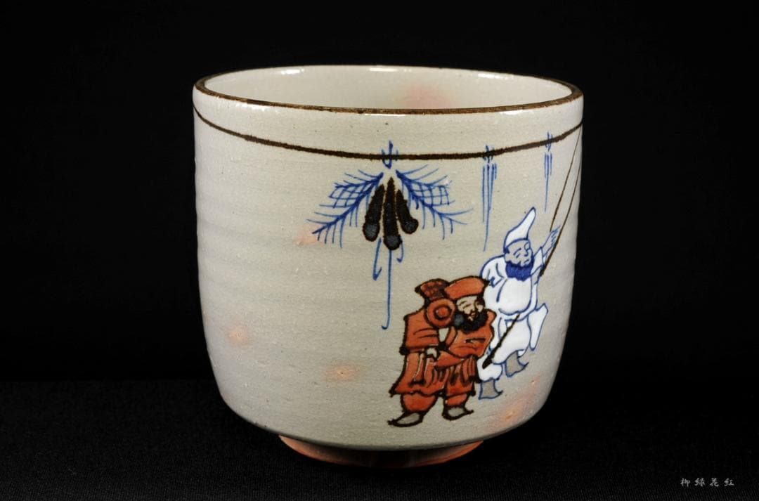 岡田佳山 粟田焼 乾山写 二福神之絵 茶碗 共箱 茶道具
