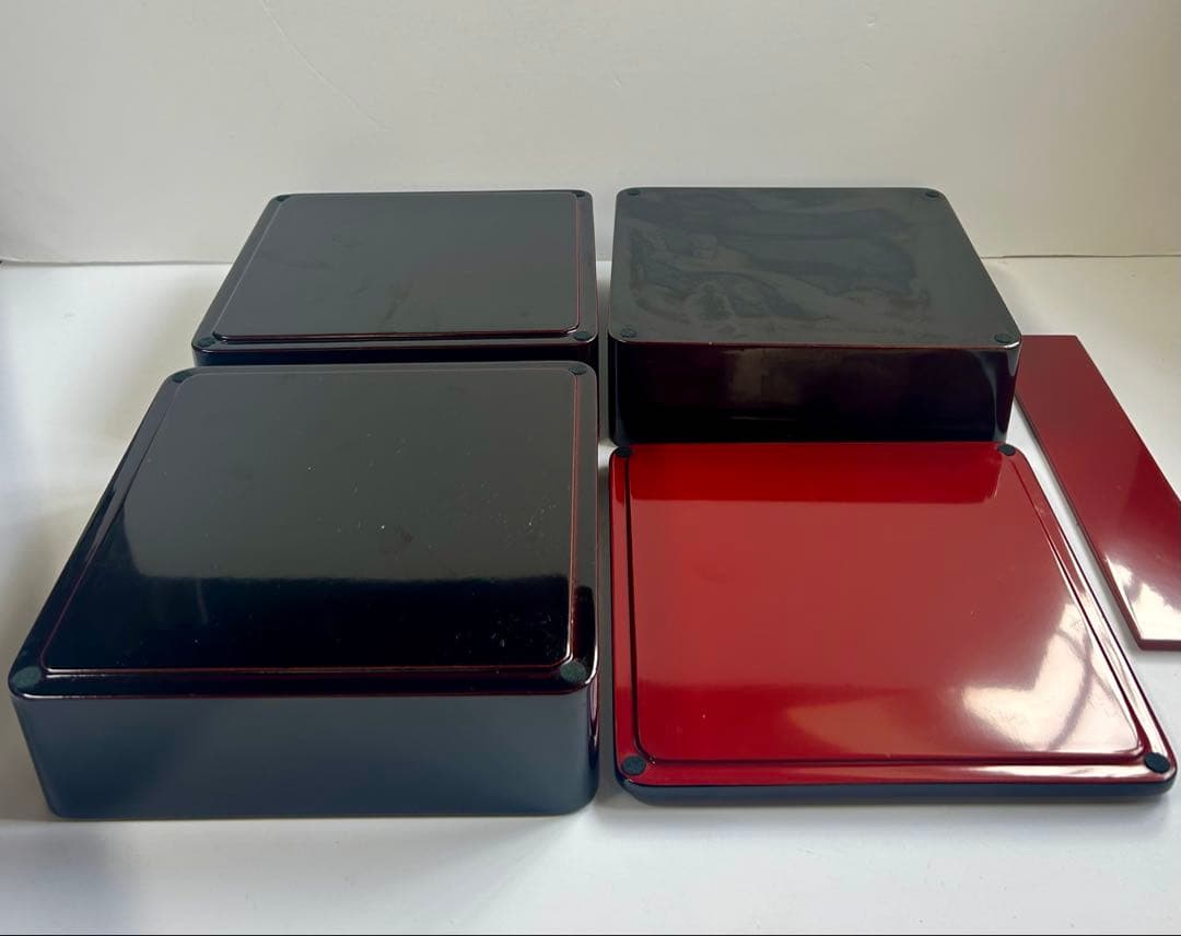【美品】木製 漆器 三段重 黒塗 重箱 黒 内朱 会津塗り 天然木 アンティーク