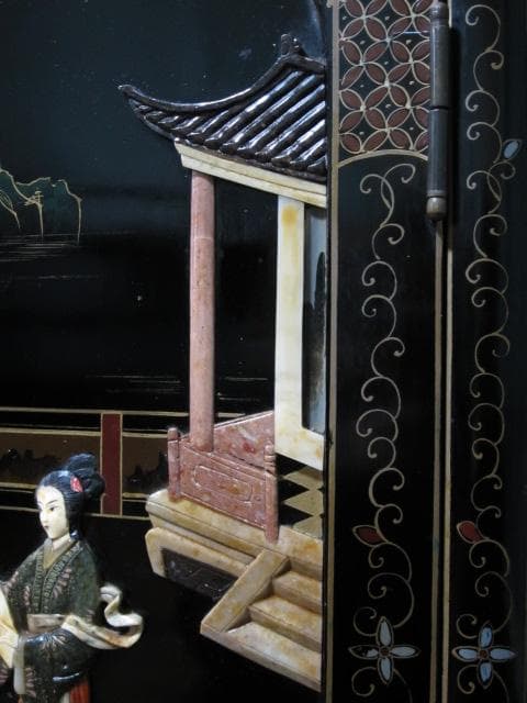 中国美術 黒漆 玉石細工 宮廷美人図 観音開き キャビネット 飾り棚 箪笥