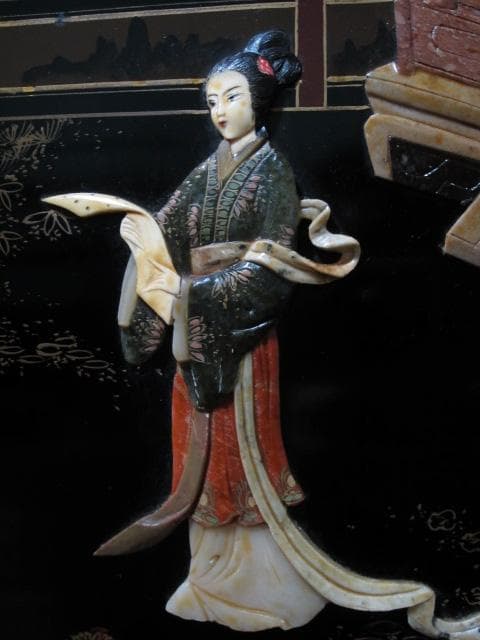 中国美術 黒漆 玉石細工 宮廷美人図 観音開き キャビネット 飾り棚 箪笥
