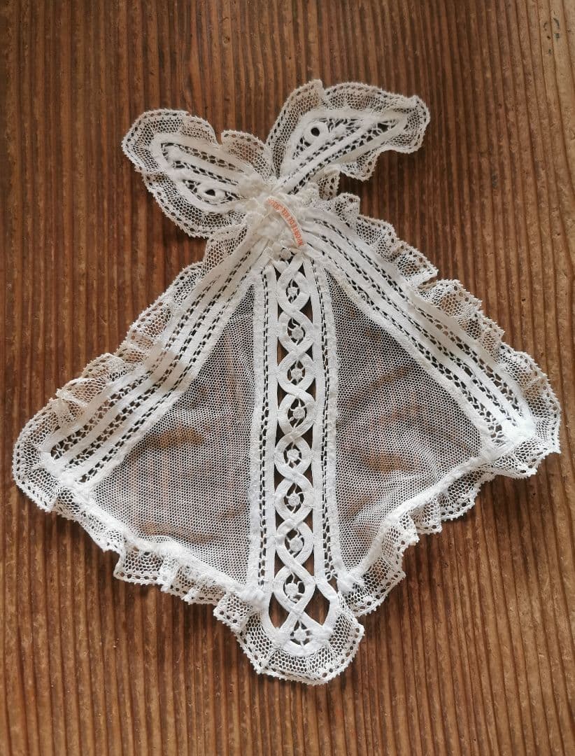 アンティークベルギー レースジャボ/胸元飾り 襟元飾 リボン付け襟 コード刺繍