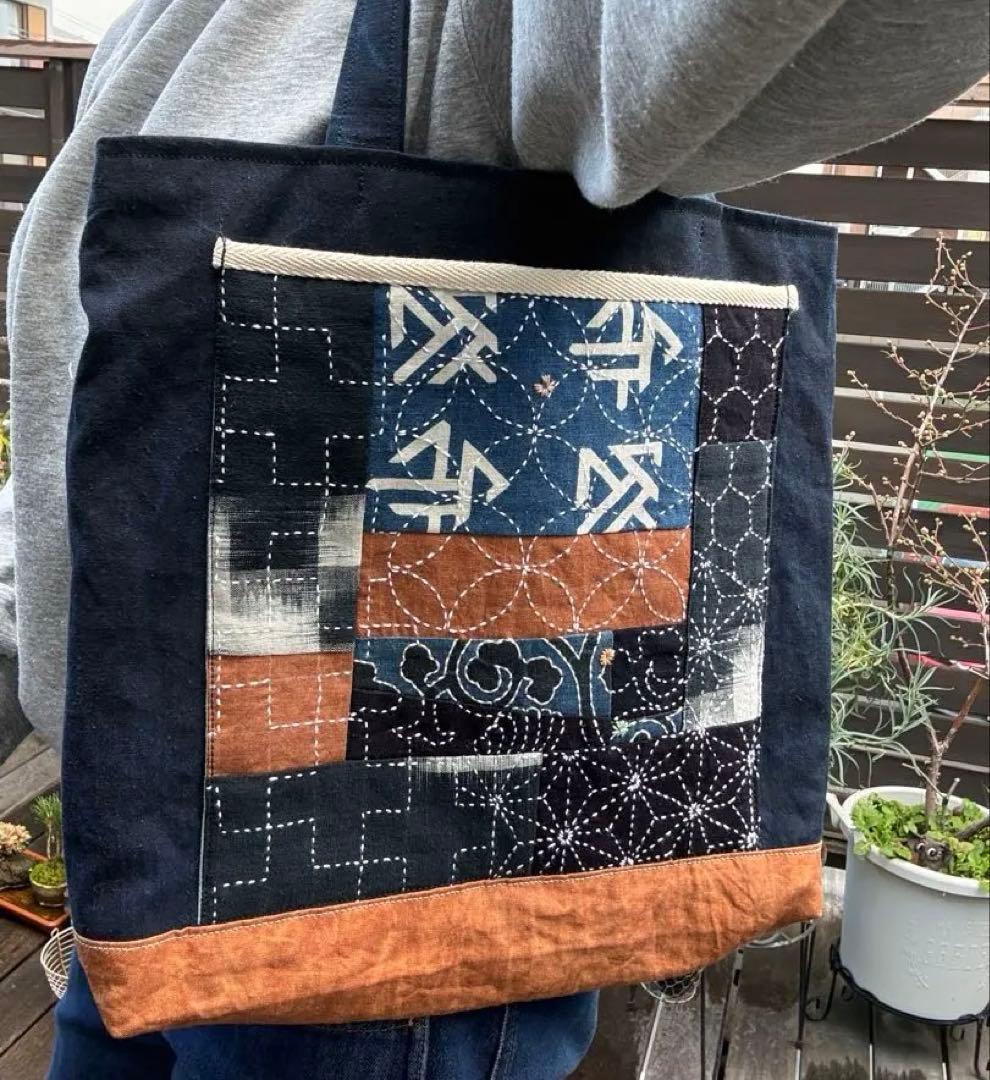 藍染古布と柿渋染の刺し子パッチワークトートバッグ　メンズライク