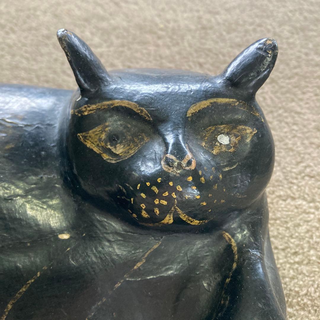 黒猫 木彫り 26cm アンティーク オブジェ オールドキャット