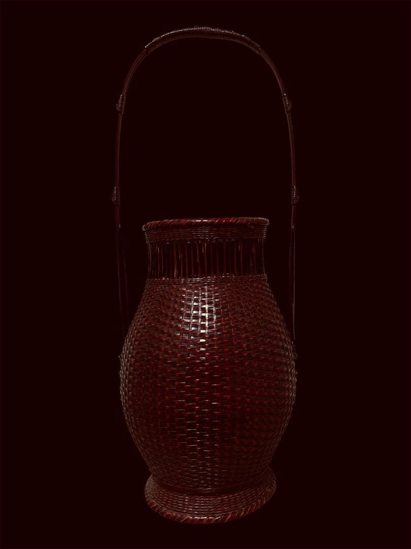 《真作保証》秀逸 渡辺竹清作 赤褐色つぼ型竹編手付 花籠 落とし付