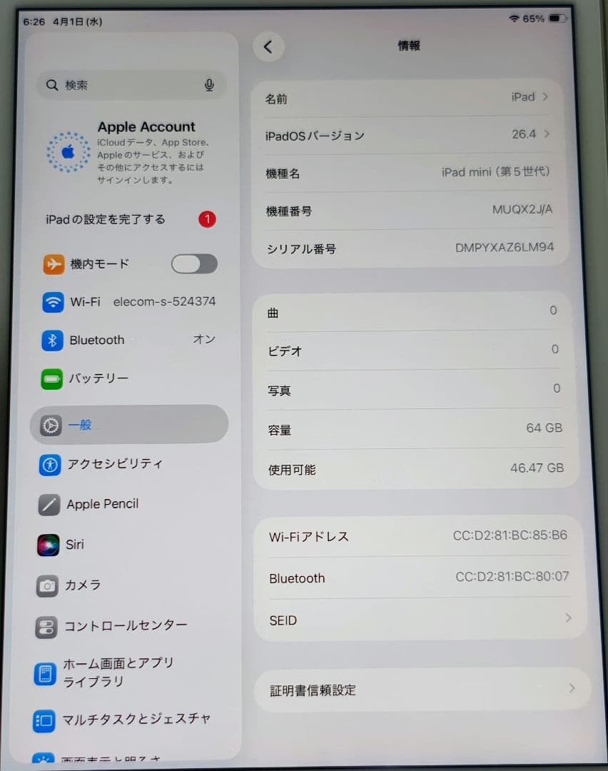 バッテリー91%【iPad mini 5世代 64GB WiFi】充放電363回