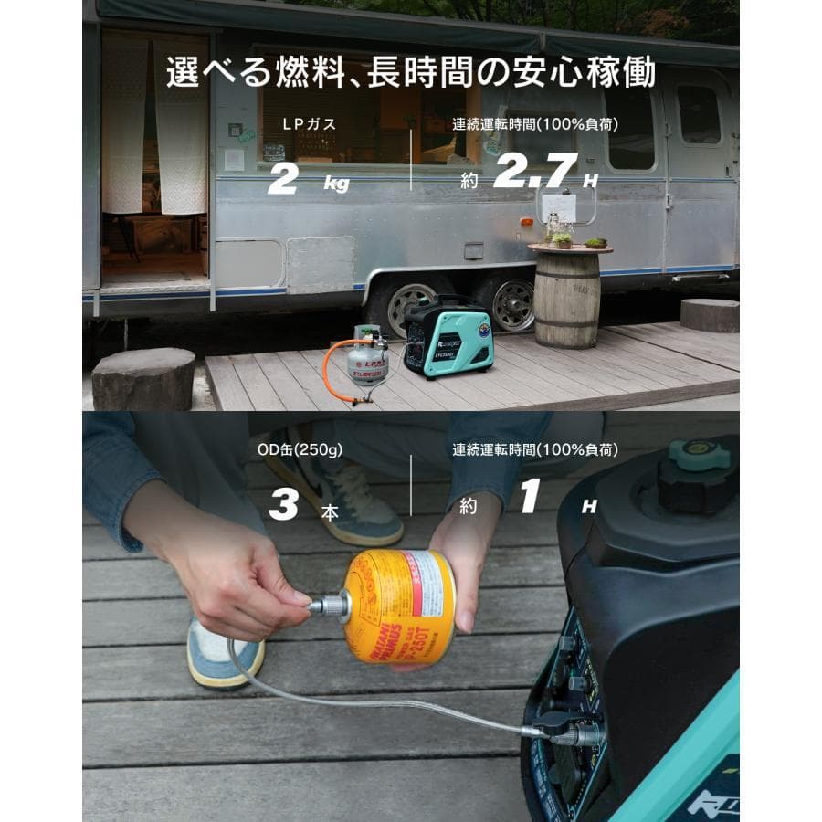 ★ガス・ガソリン両用発電機★インバーター発電機静音式 カセットボンベ発電機
