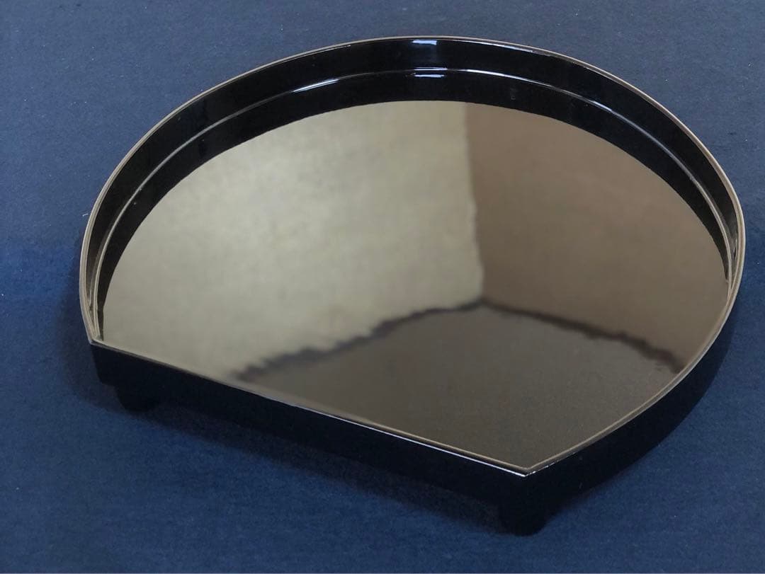 《R》懐石 黒塗 脚付 半月盆5客 木製漆器 木箱　260323A4