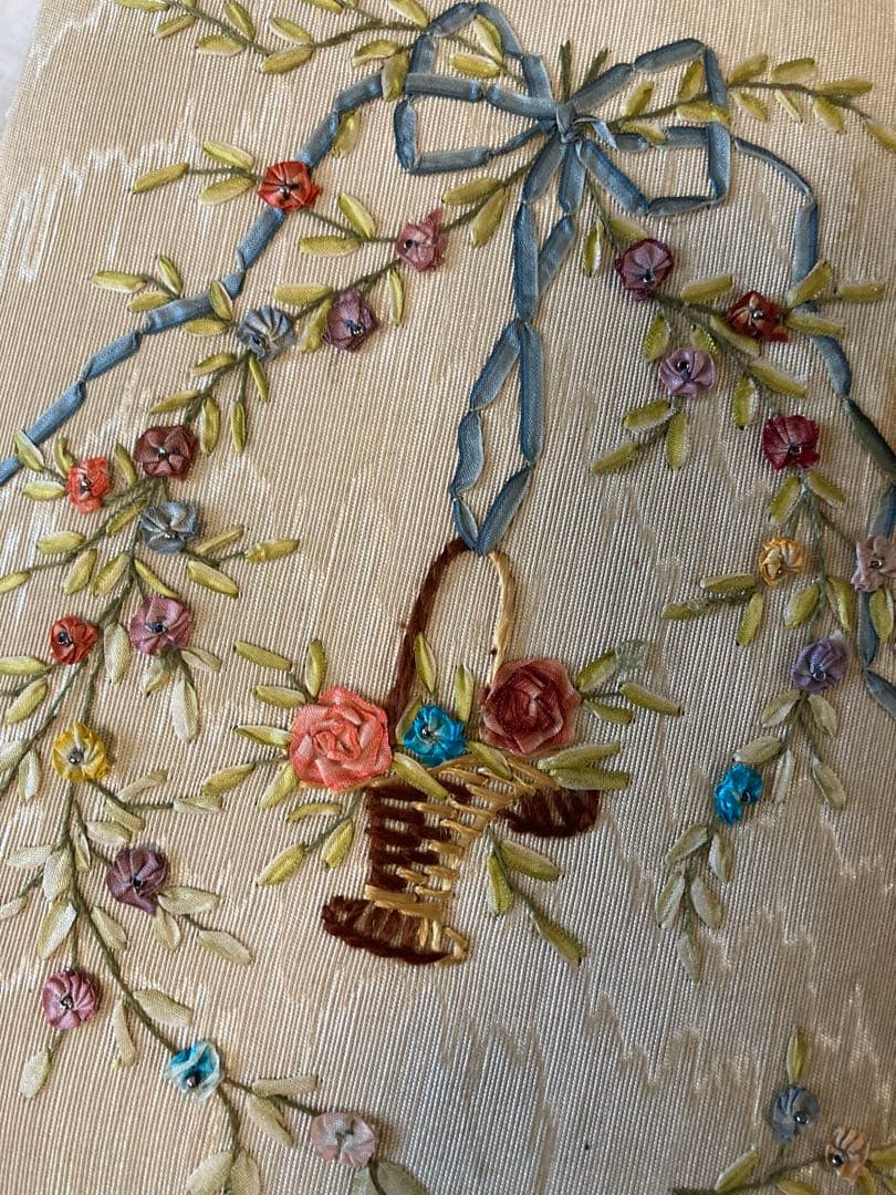 フランス アンティーク 花かご&リボン 薔薇リボン刺繍ボックス ローズバスケット