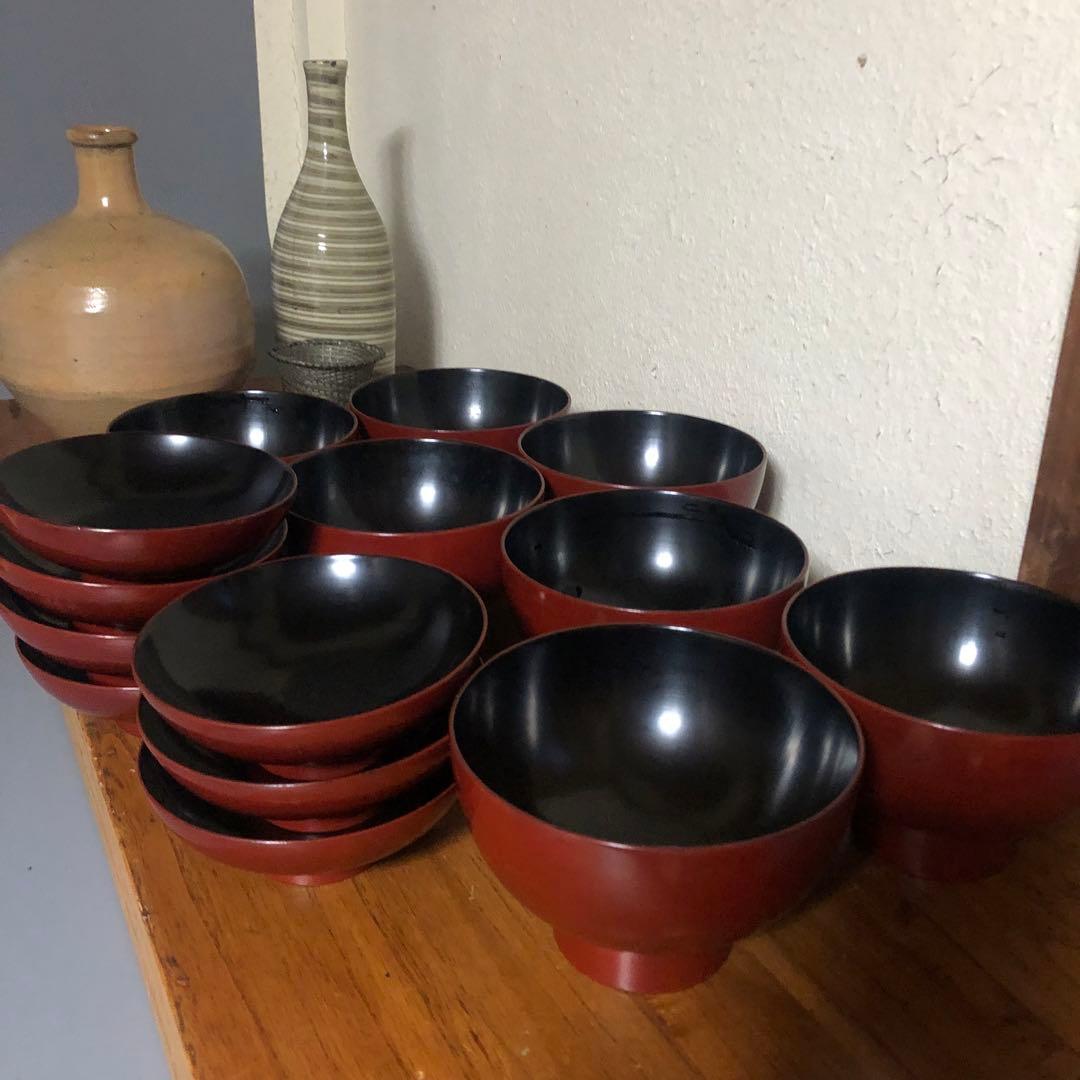 ◆594◆鎌倉彫 漆器蓋付碗 朱塗留内黒 雑煮碗 7客セット